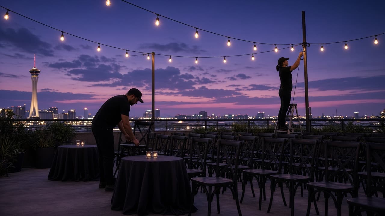 Event setup with tables and décor