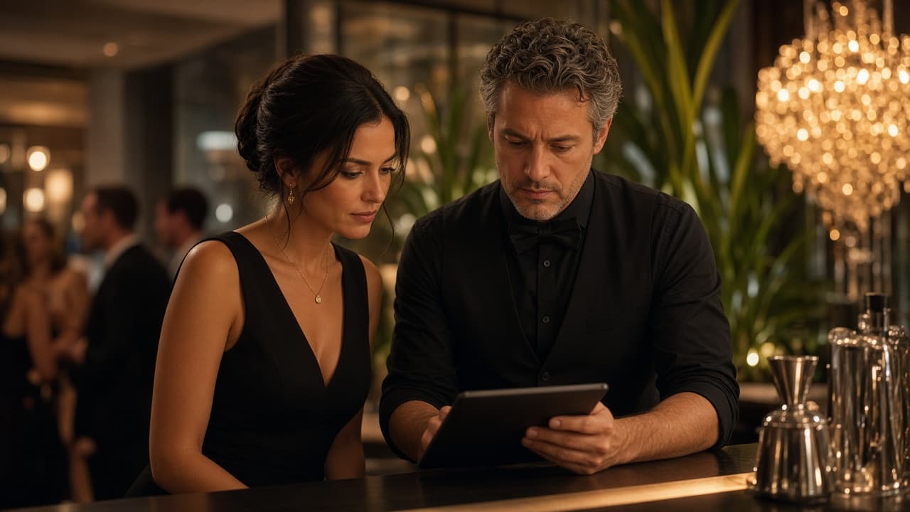 Host and bartender reviewing event plans